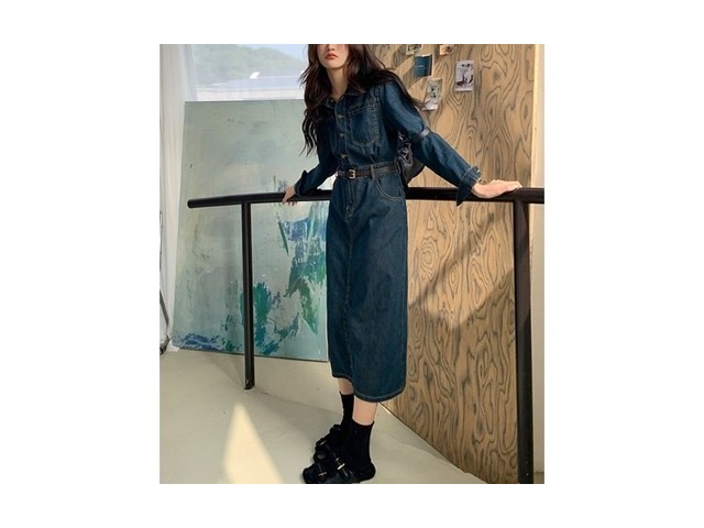 [데님원피스] 놓치지 마세요 우아글로벌 봄가을 빈티지 벨트 진청 데님원피스